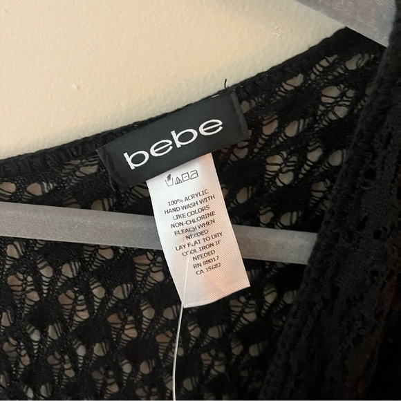 Bebe New Black Fringe One Size Crochet Open Front Cardigan Wrap Sweater BGSB - Picture 5 of 8
